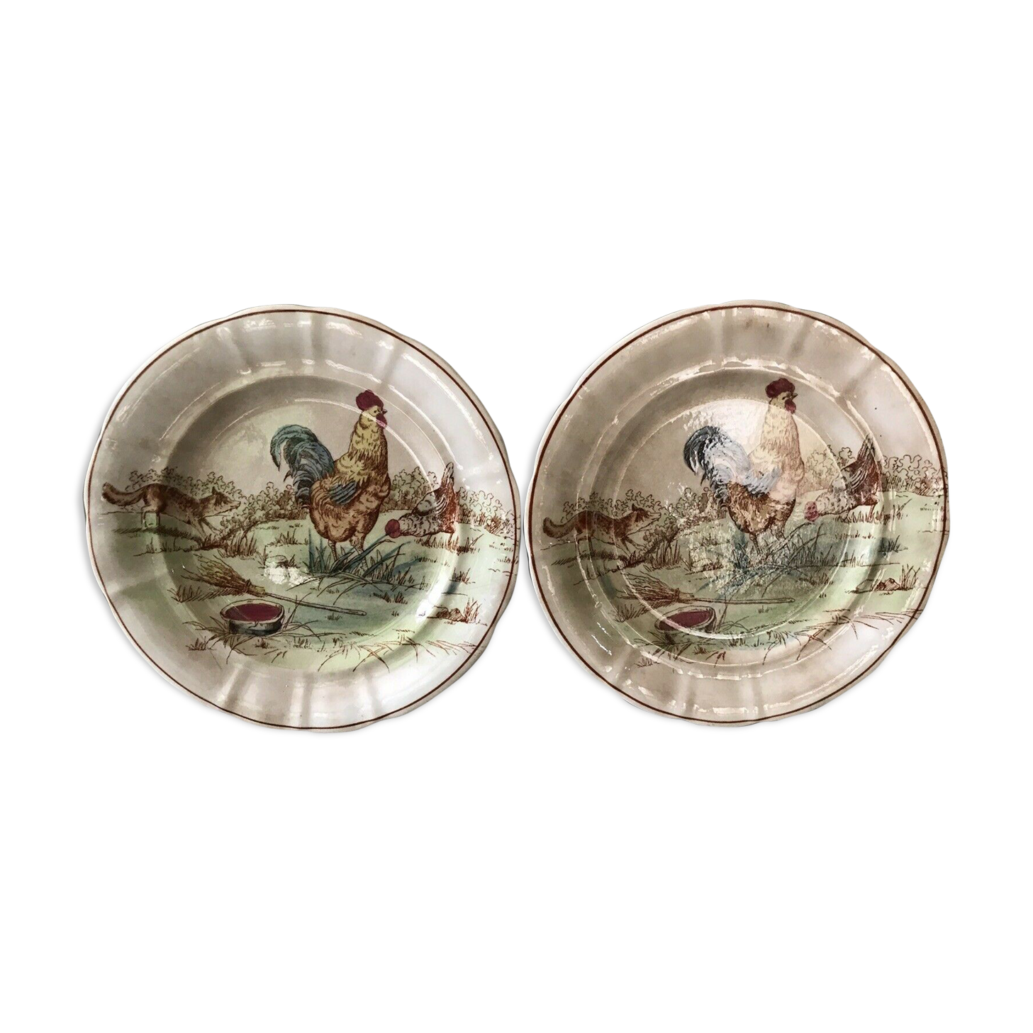 Earthenware of longwy xix th 2 plates décor rooster of barnyard and fox