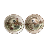 Earthenware of longwy xix th 2 plates décor rooster of barnyard and fox