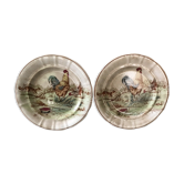 Faïence de longwy xix ème 2 assiettes décor coq de basse cour et renard