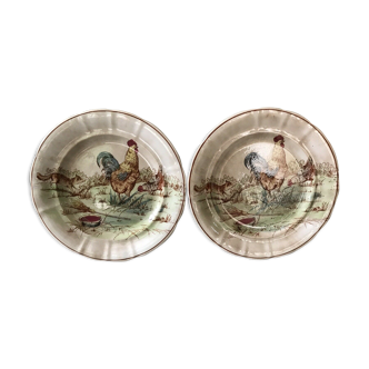 Earthenware of longwy xix th 2 plates décor rooster of barnyard and fox