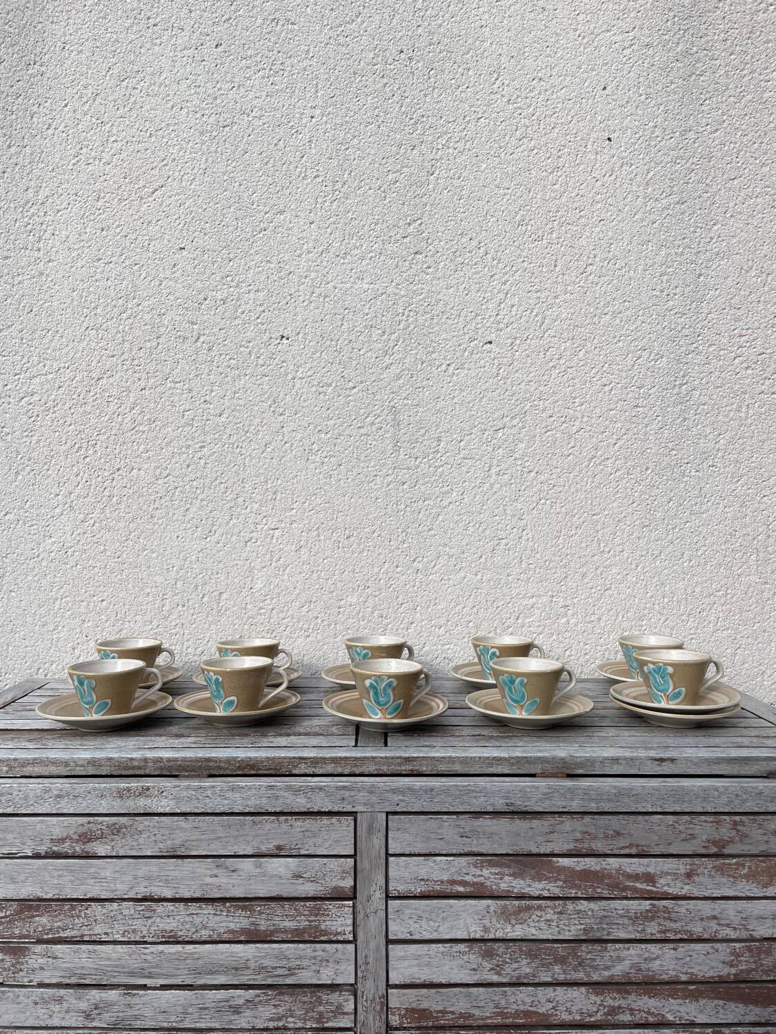 Stoneware coffee service from Pornic with turquoise flower print, 1970s-80s