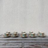 Stoneware coffee service from Pornic with turquoise flower print, 1970s-80s