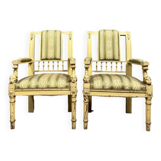 Exceptional pair of ceremonial armchairs in carved and lacquered wood in the taste of Gaston Brion