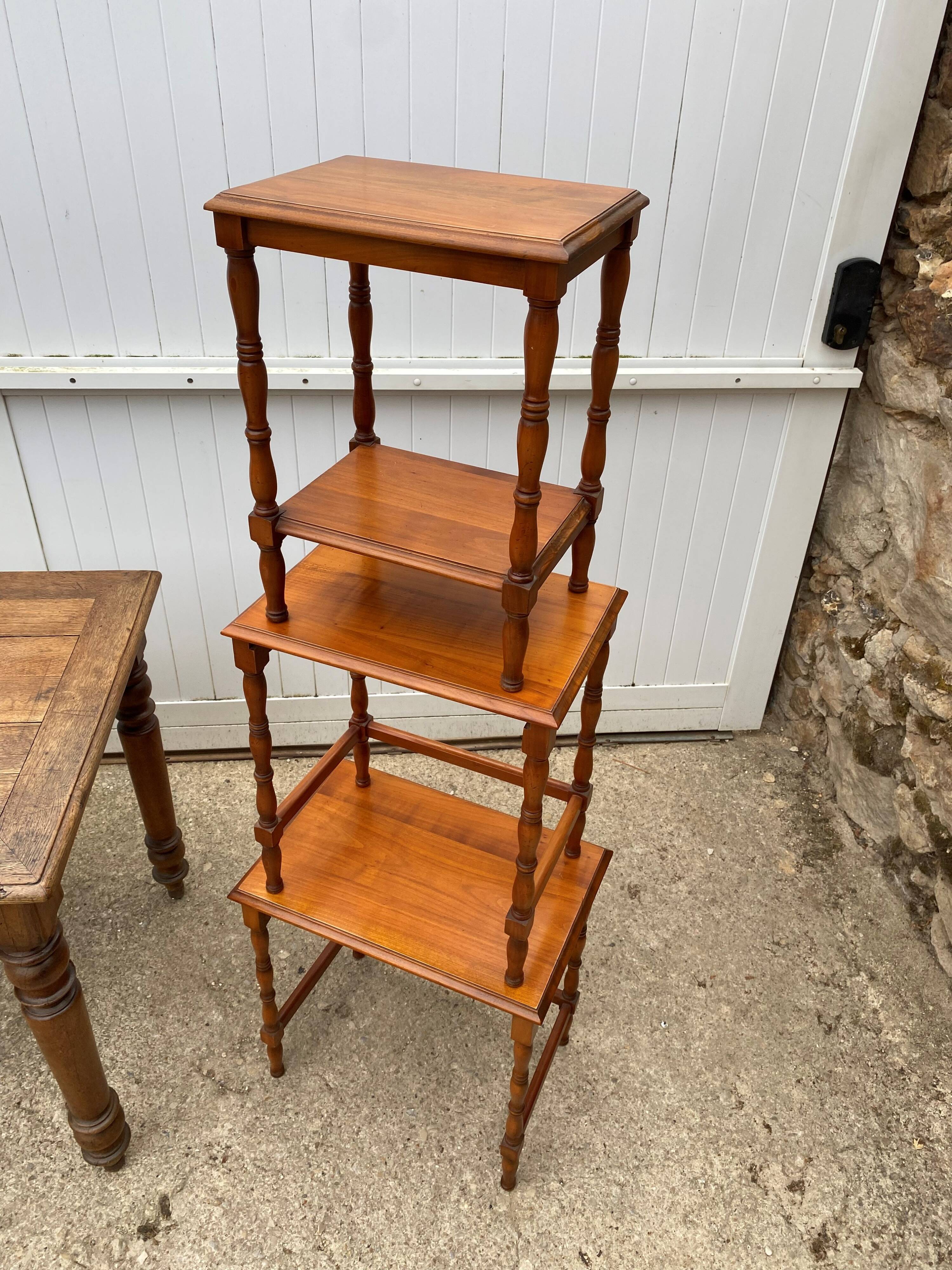 Set of 3 rustic cherry wood nesting coffee tables from the 1950s.