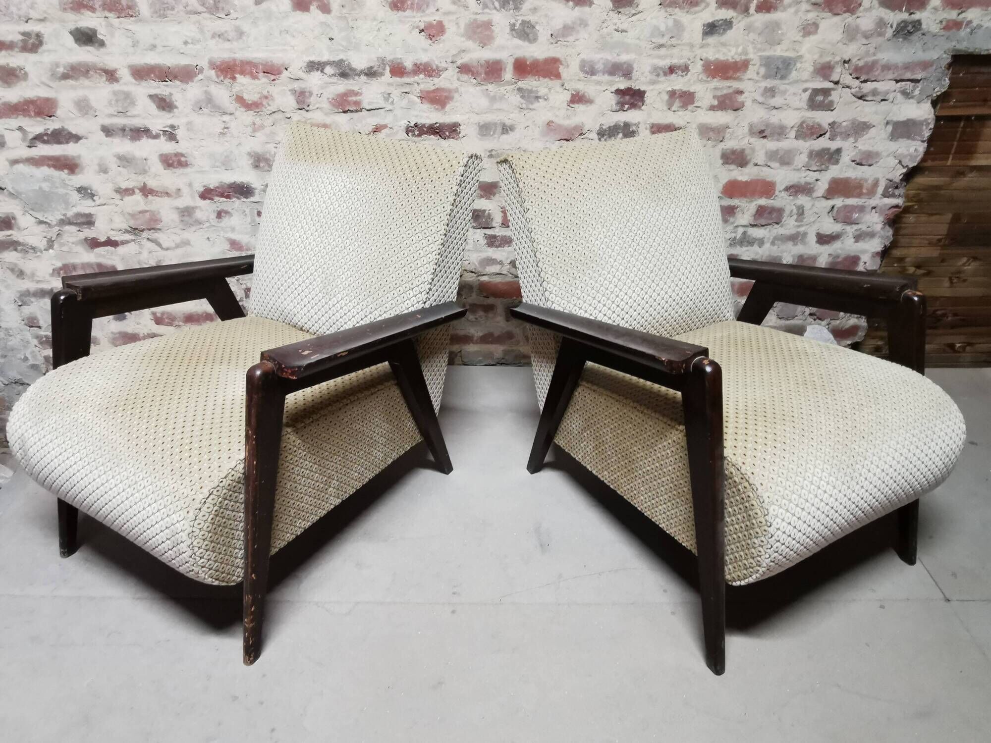 Paire de Fauteuils club / Chauffeuse vintage 50's , pieds compas