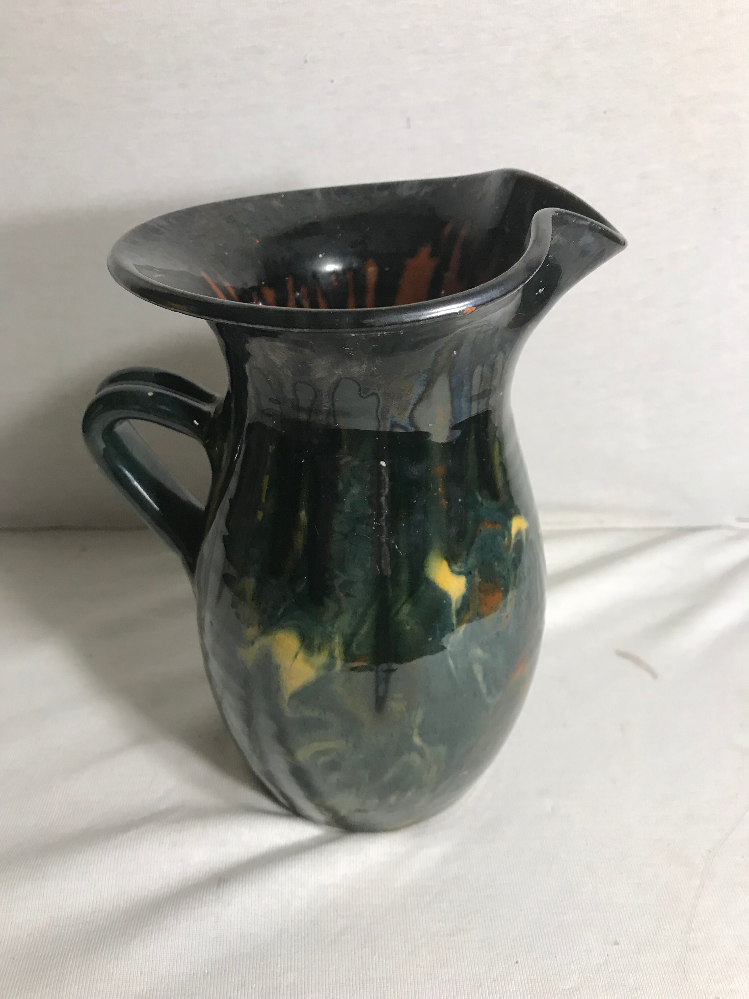 Ceramic jug enamelled yellow-green & orange 70's