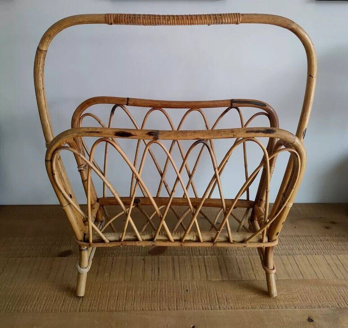 Large Rattan / Wicker Magazine Rack - Curved Shapes - Vintage - Old - 1960s