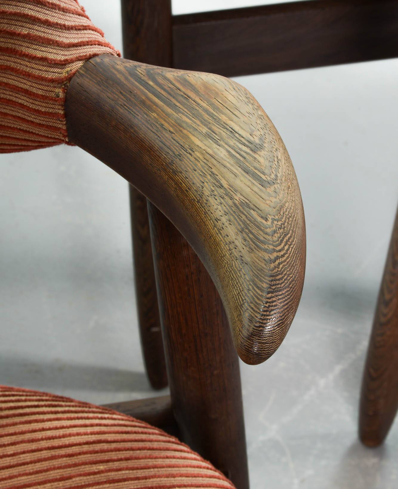 4 Wenge Cowhorn Tijsseling Dining Chairs with Stone Red Fabric, Hulmefa 60s