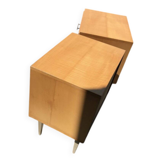 Pair of mid-century blonde lacquered bedside tables with metal legs, 1950s - set of 2