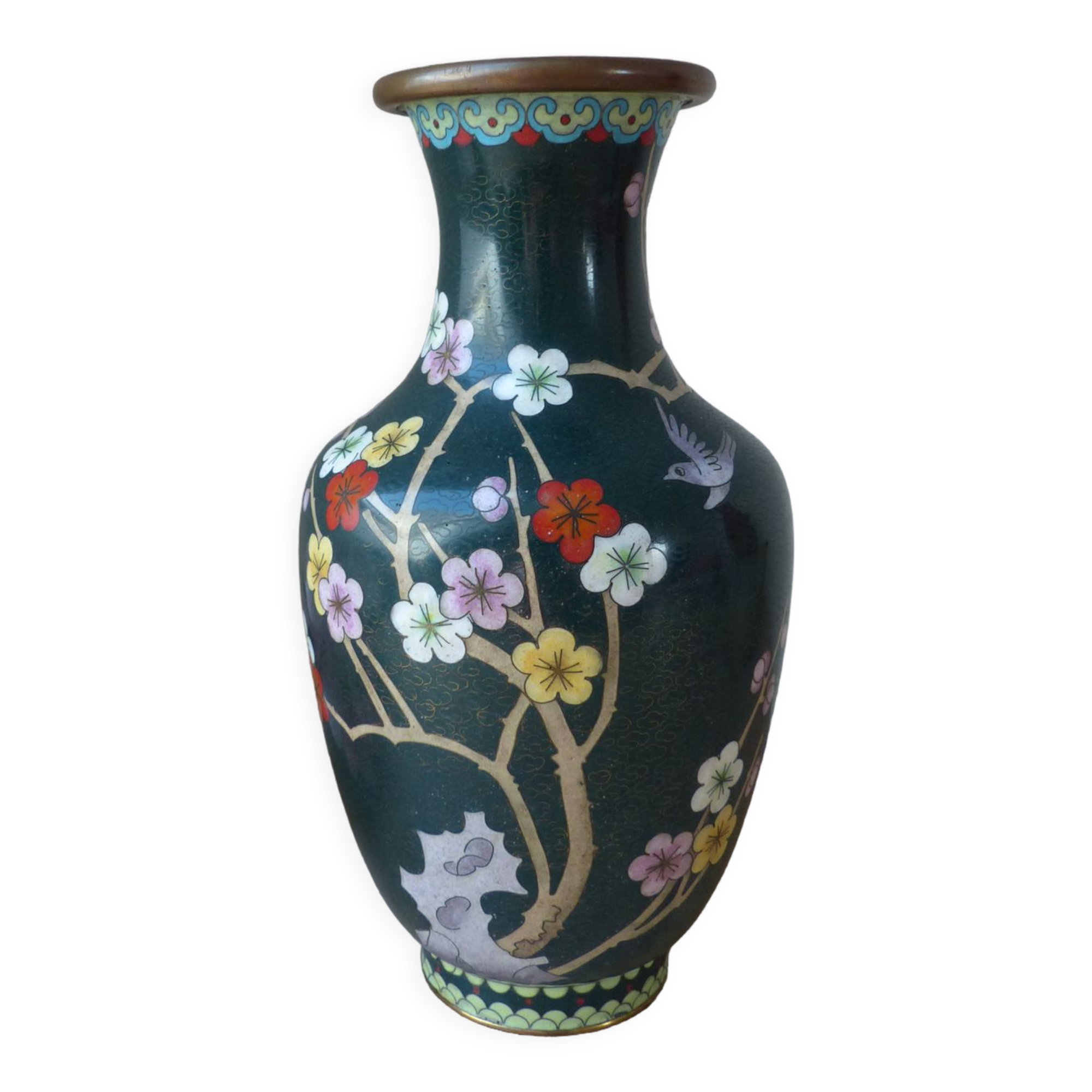 Vintage cloisonné green chinese vase with flower and bird pattern