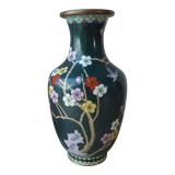 Vintage cloisonné green chinese vase with flower and bird pattern