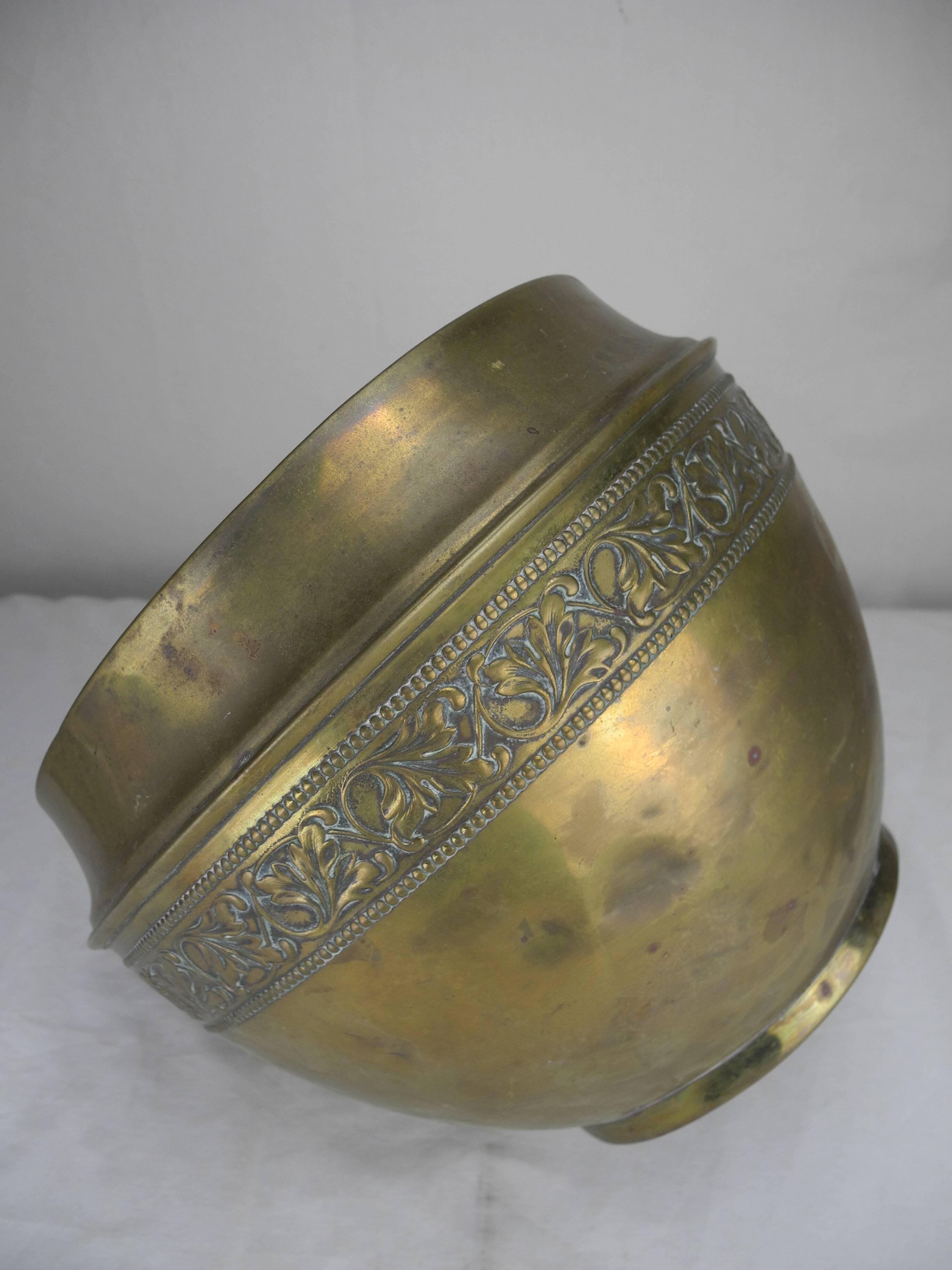 large old brass flower pot, gilded shabby decor, old brass flowers pot