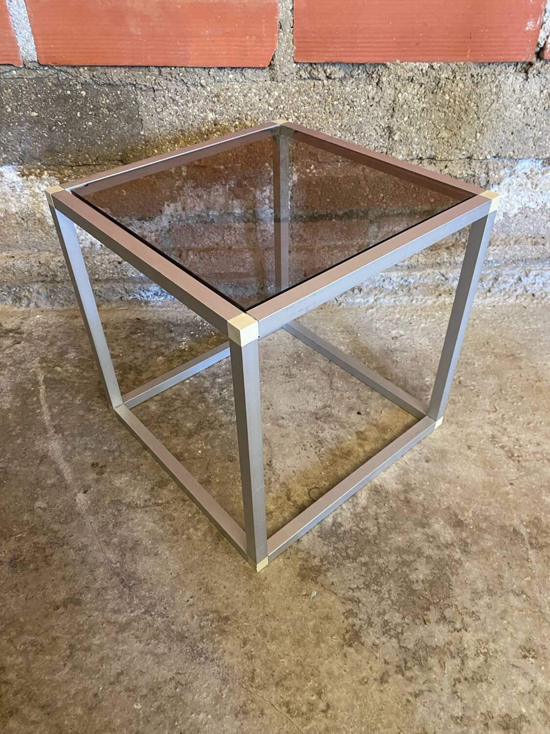 Vintage Cube Coffee Table, Aluminum + Smoked Glass, 1980s
