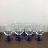 Set of 7 water/wine glasses on stems in vintage blue colors