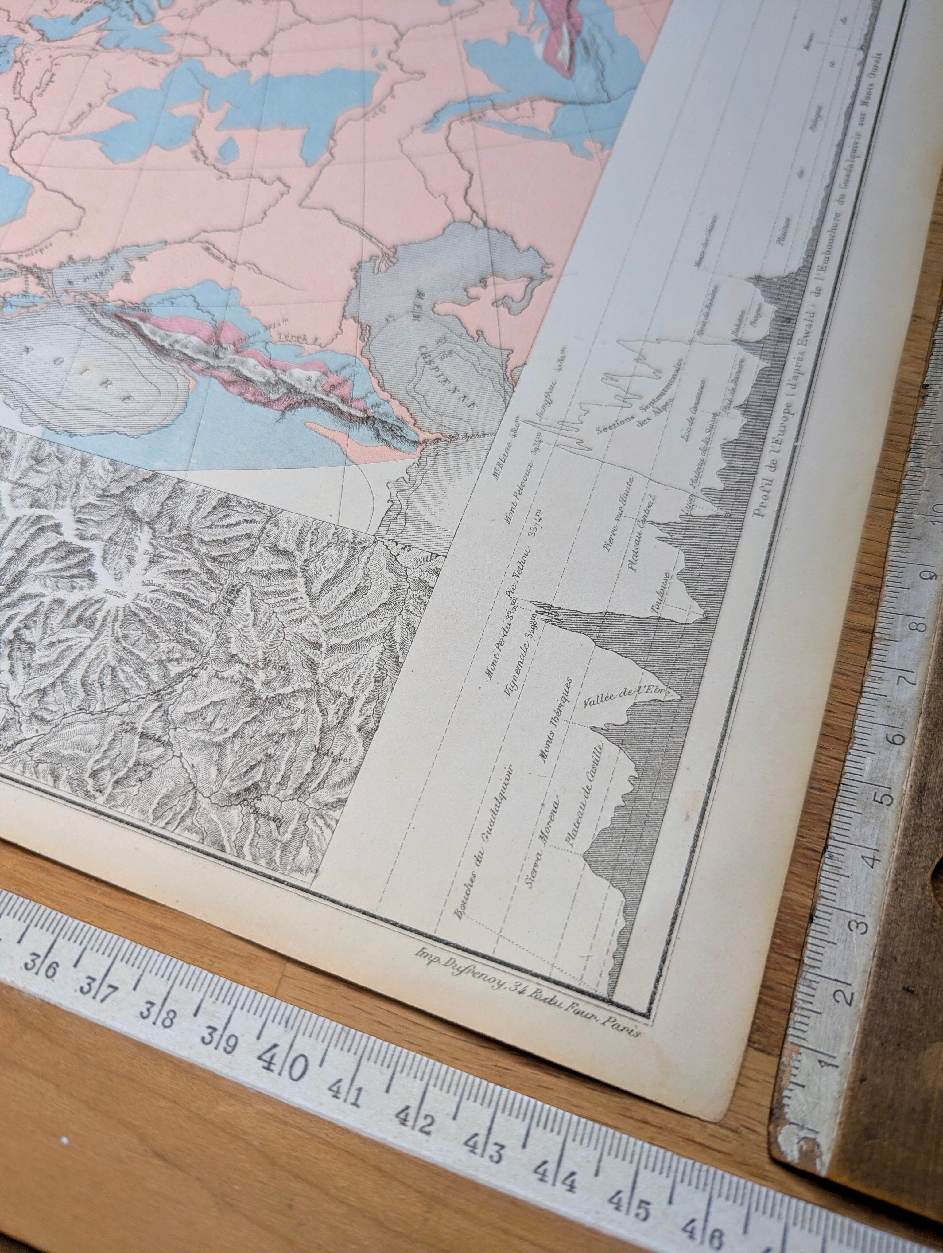 Europe and its reliefs, original map printed in 1879.