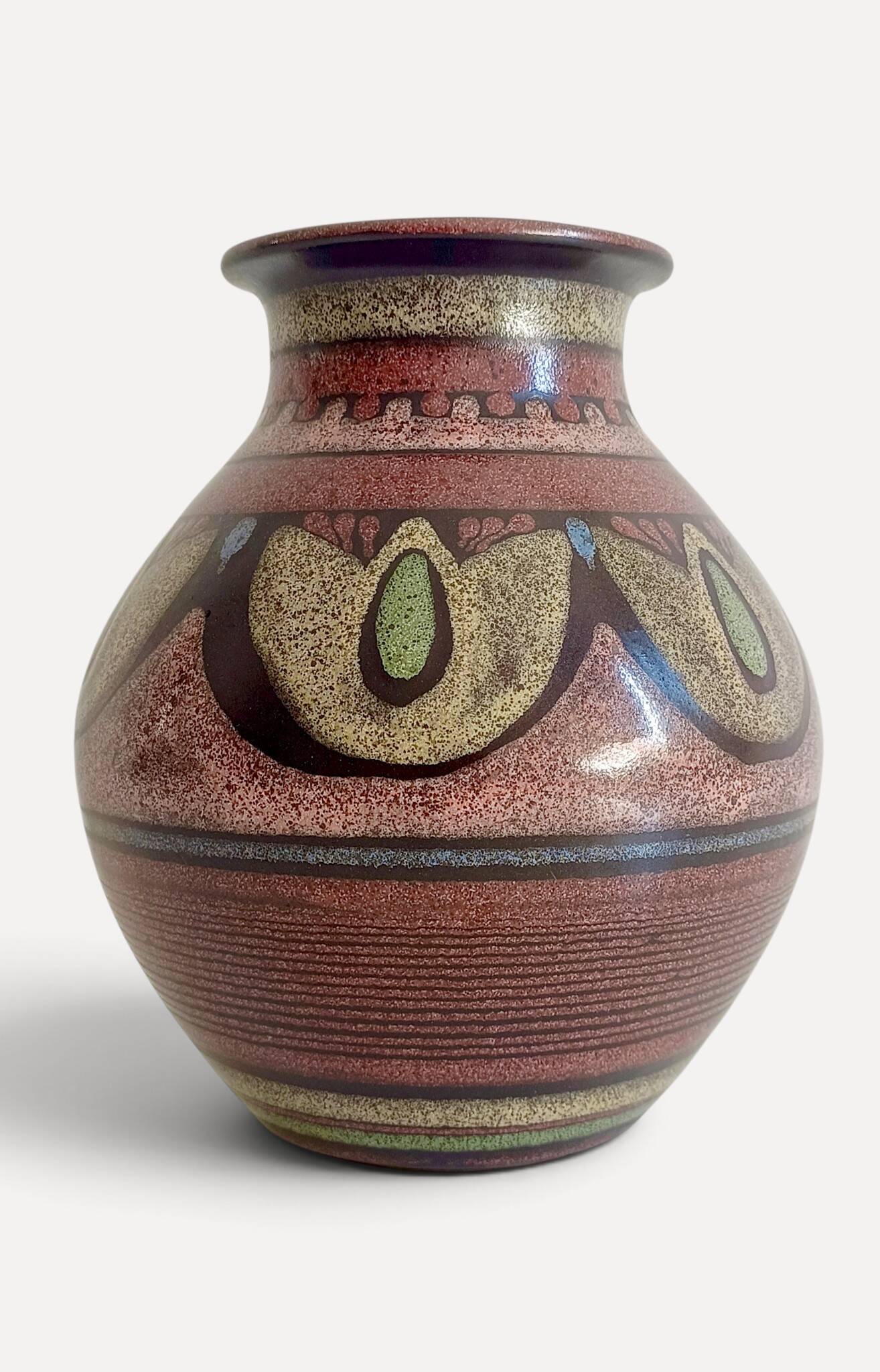 1970s Spanish Hand-Painted Studio Pottery Vase with Mediterranean Motifs