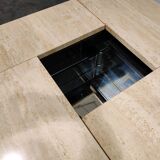 Vintage hidden bar coffee table in travertine, 1970s.