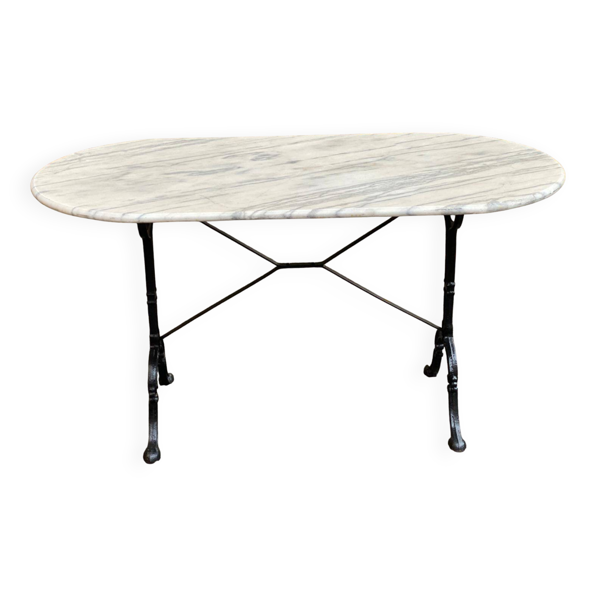 Table de bistrot marbre ovale et acier noire pétrole 4 couverts 140cm