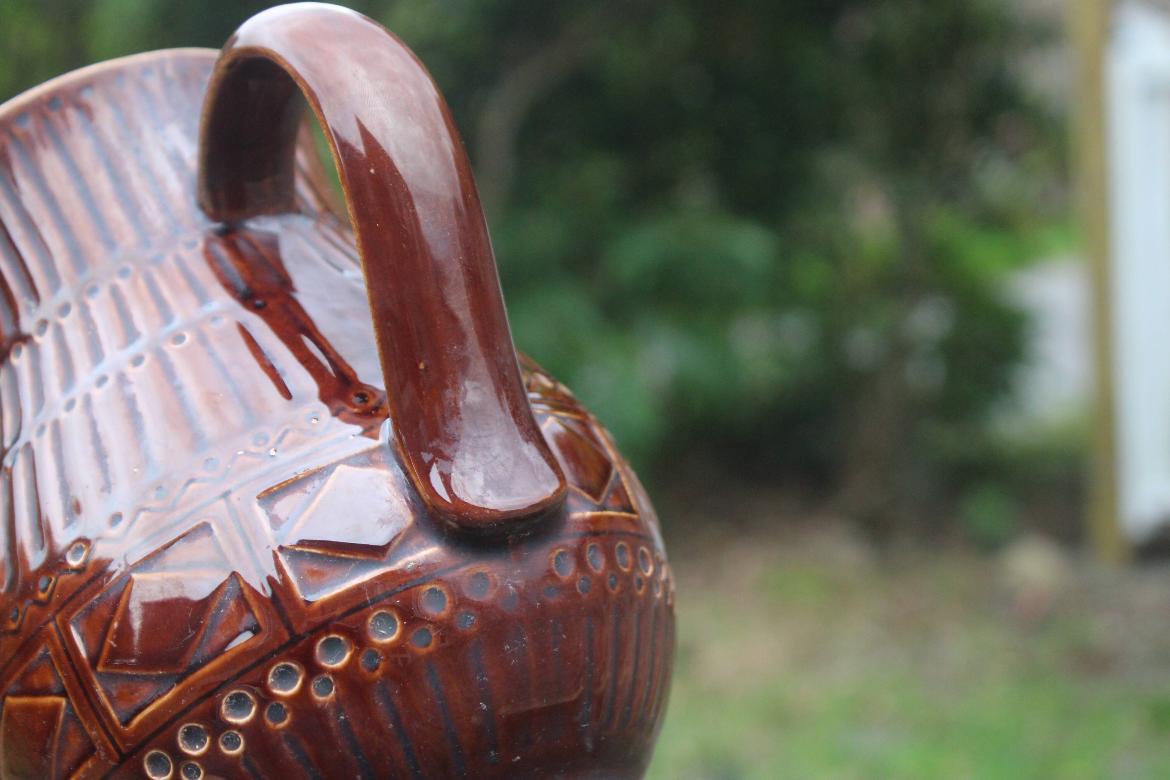 Superb vintage Digoin Sarreguemines pitcher in brown enamelled ceramic
