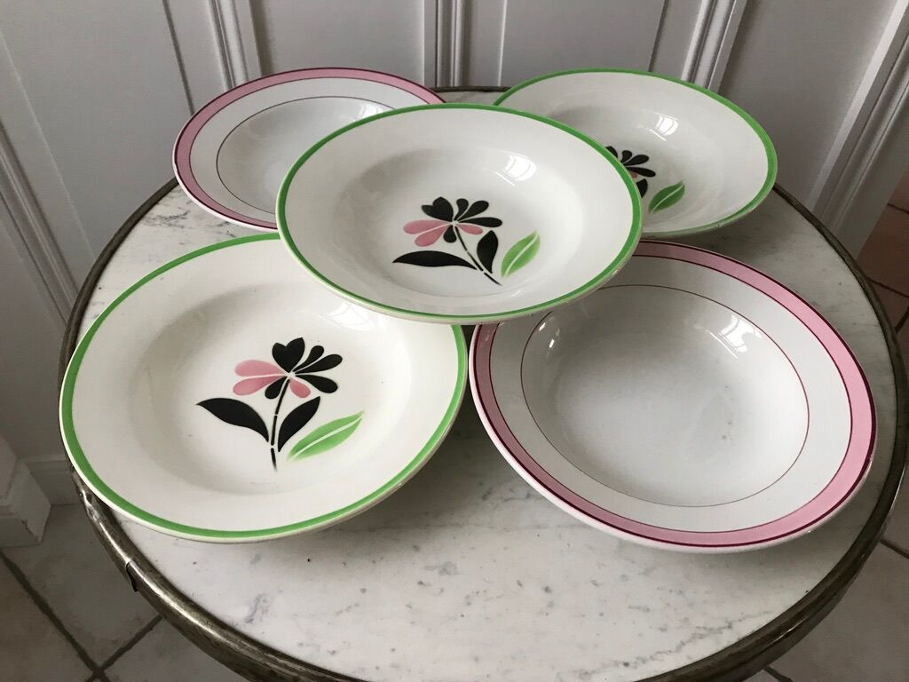 Lot of 5 hollow plates digoin sarreguemines model "rustic" and "casino" 50s