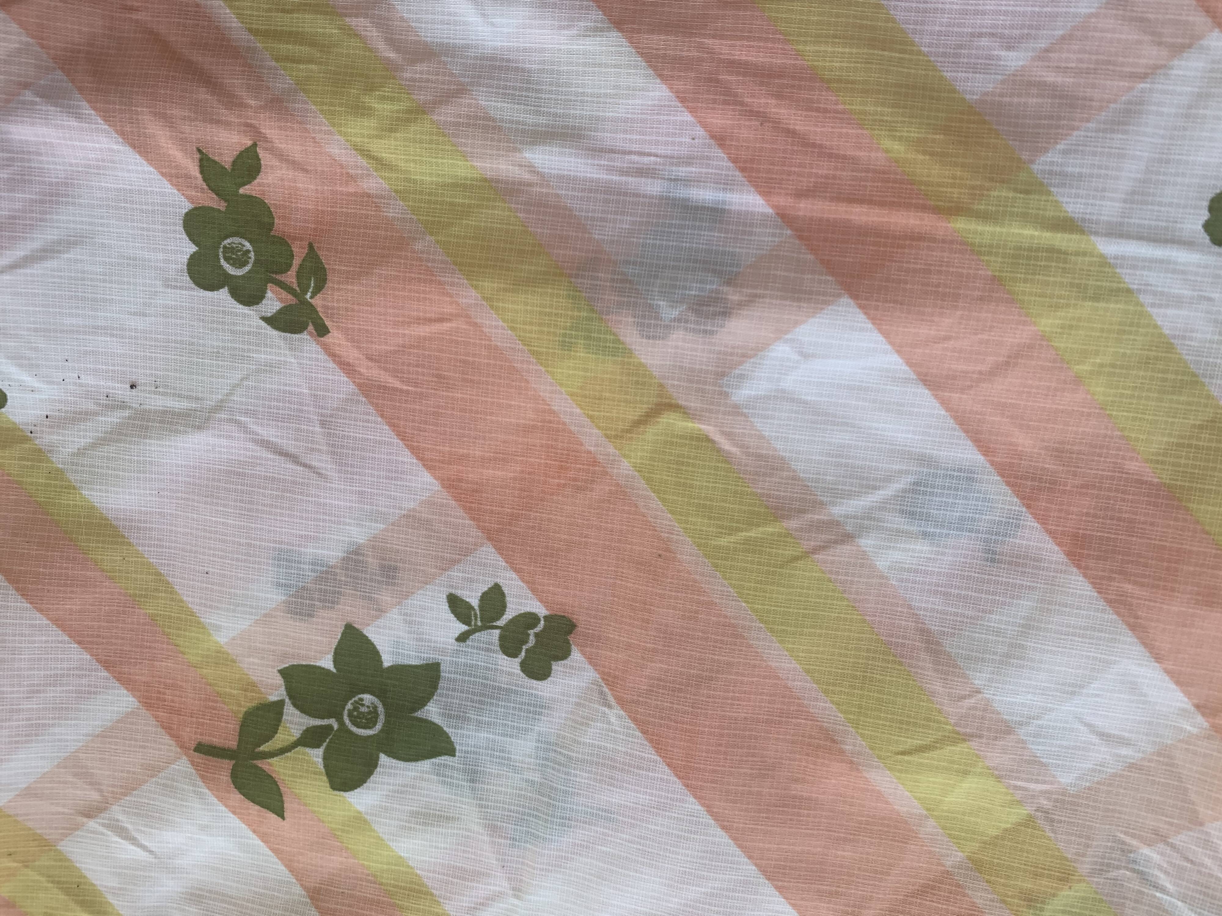 Tergal tablecloth with orange stripes and vintage khaki flowers 1970