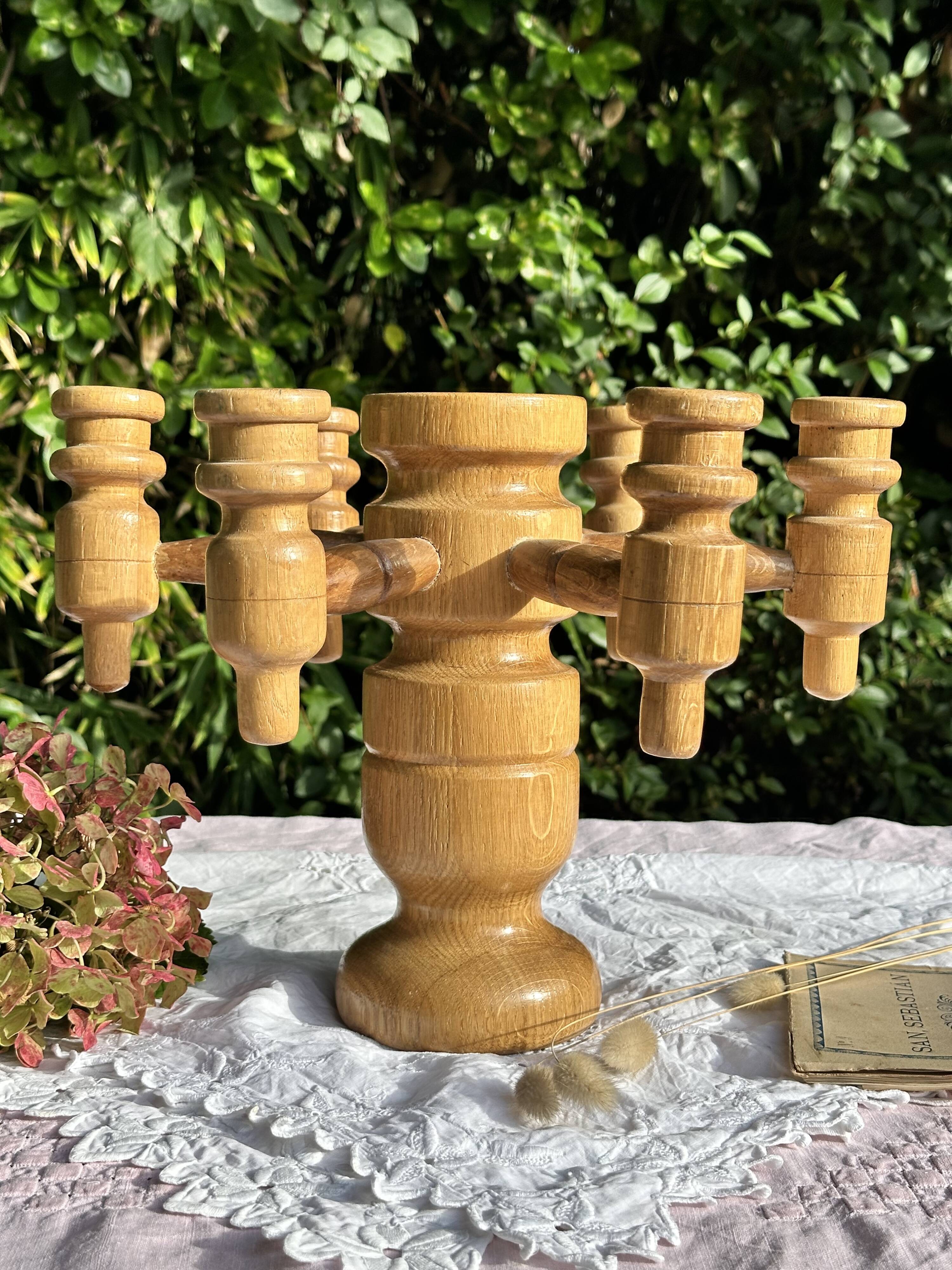 Vintage Scandinavian Candle Holder in Natural Wood, 60s Design - 7 Candles