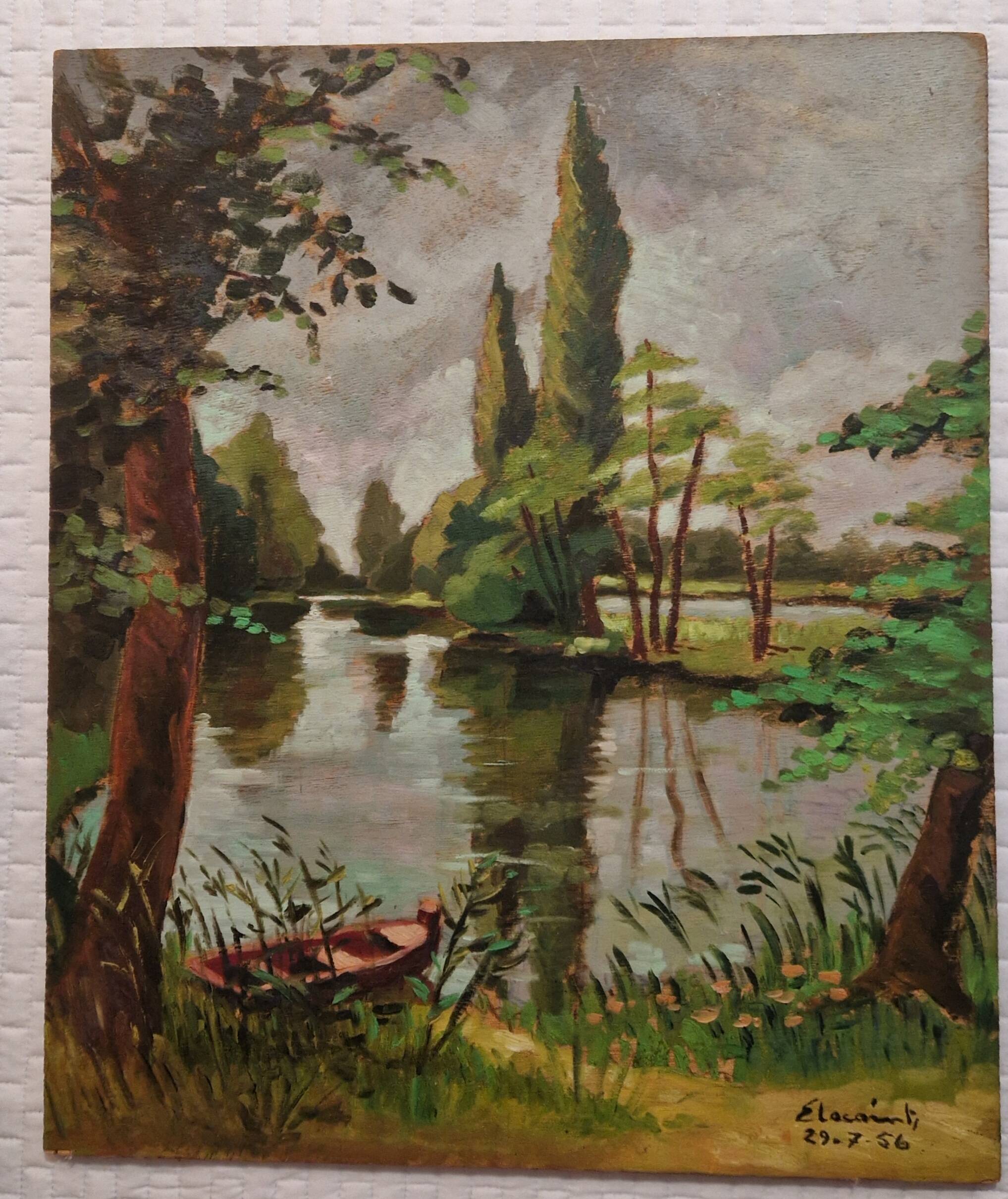 Old oil painting on wood from the 50s