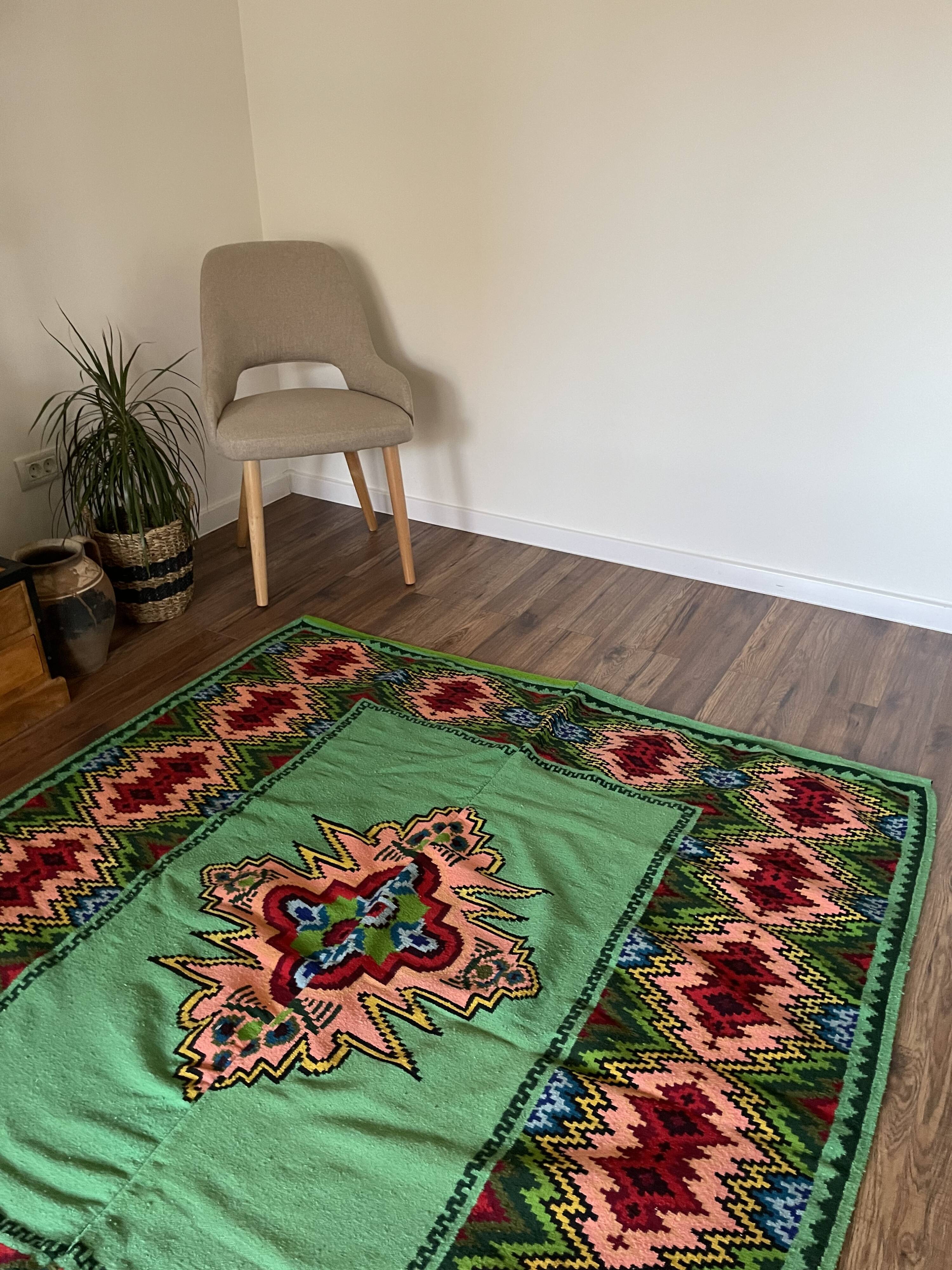 Romanian flatwoven rug geometrical design on a green turquoise background, 158x185 cm