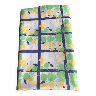 Drap plat vintage 1 personne en coton. Motifs : Volubilis couleurs jaune/vert