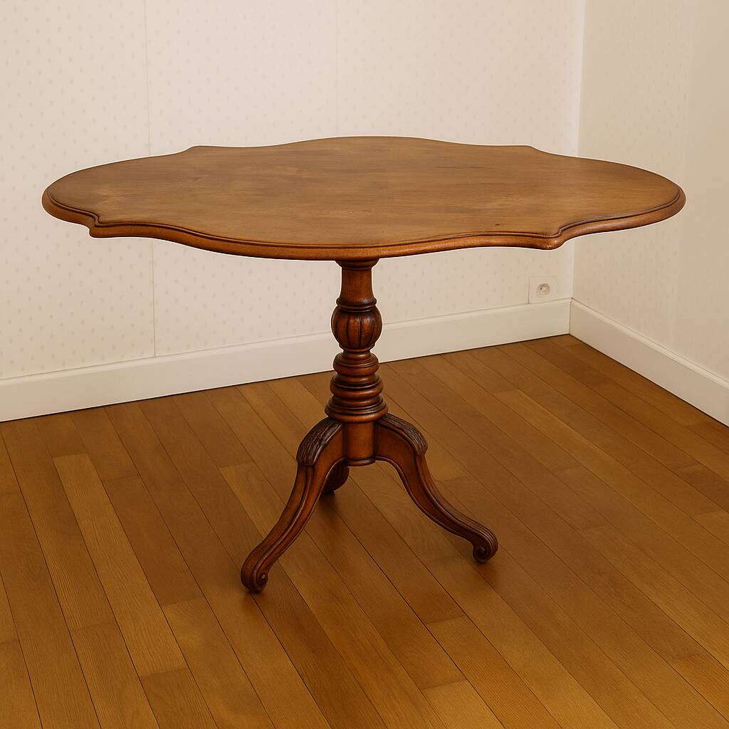 Oval wooden pedestal table, violin table on three legs, Napoleon III style