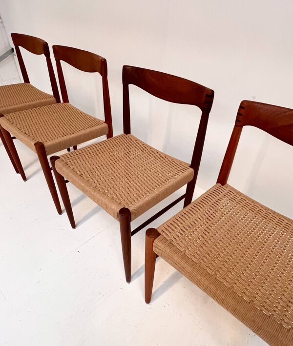 Ensemble de 4 chaises en papercord rénovées par H. Klein pour Bramin, années 1960.