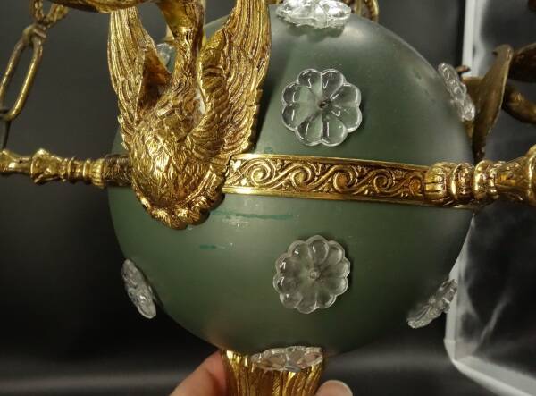 3-light chandelier with swan heads, Empire style - bronze & glass