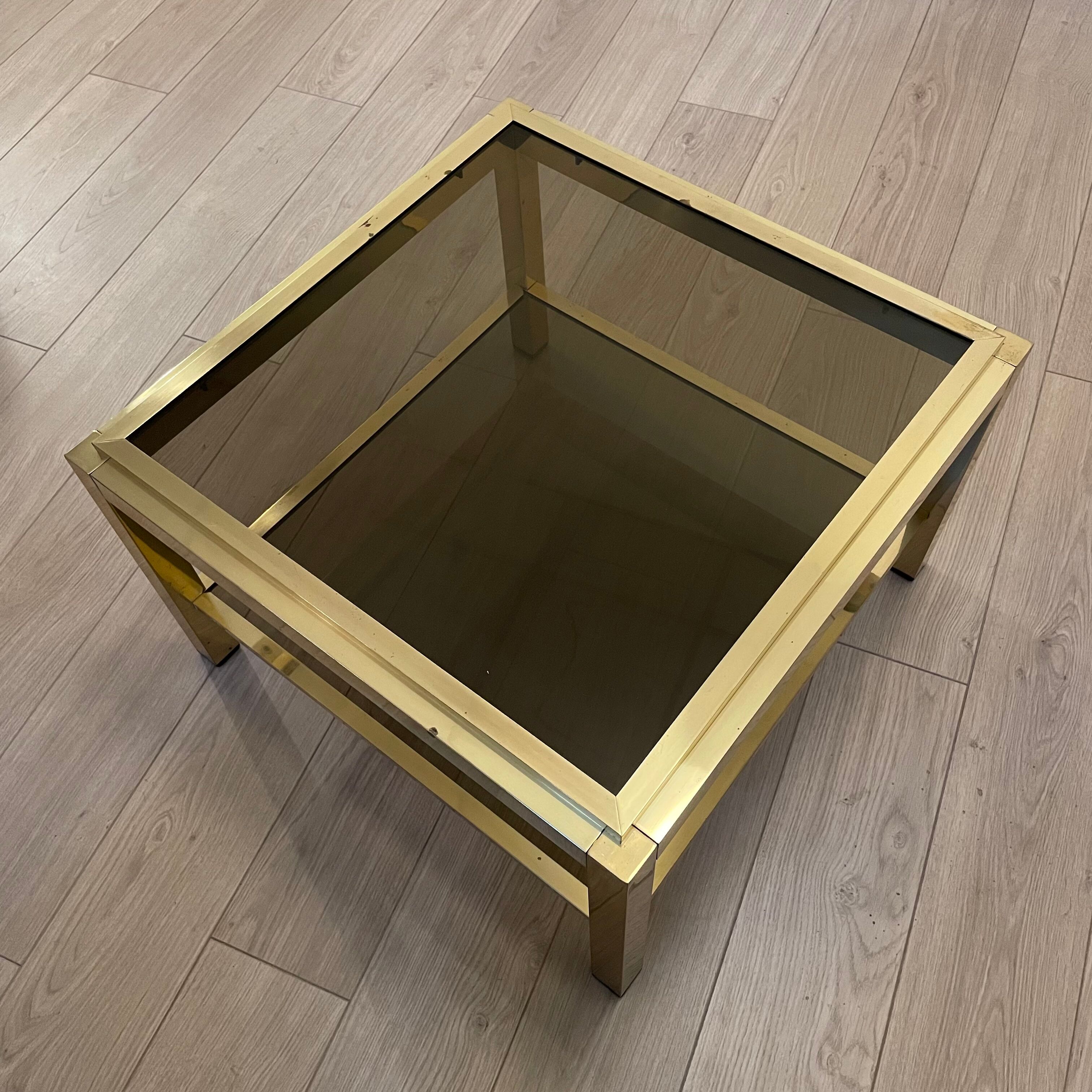 Brass coffee table, double trays in smoked glass, 1970
