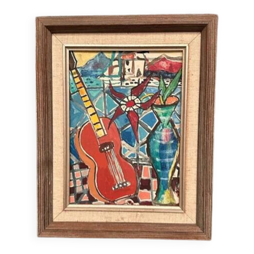 Swedish oil on canvas “Still life with guitar” by Josef José vintage 25×31cm
