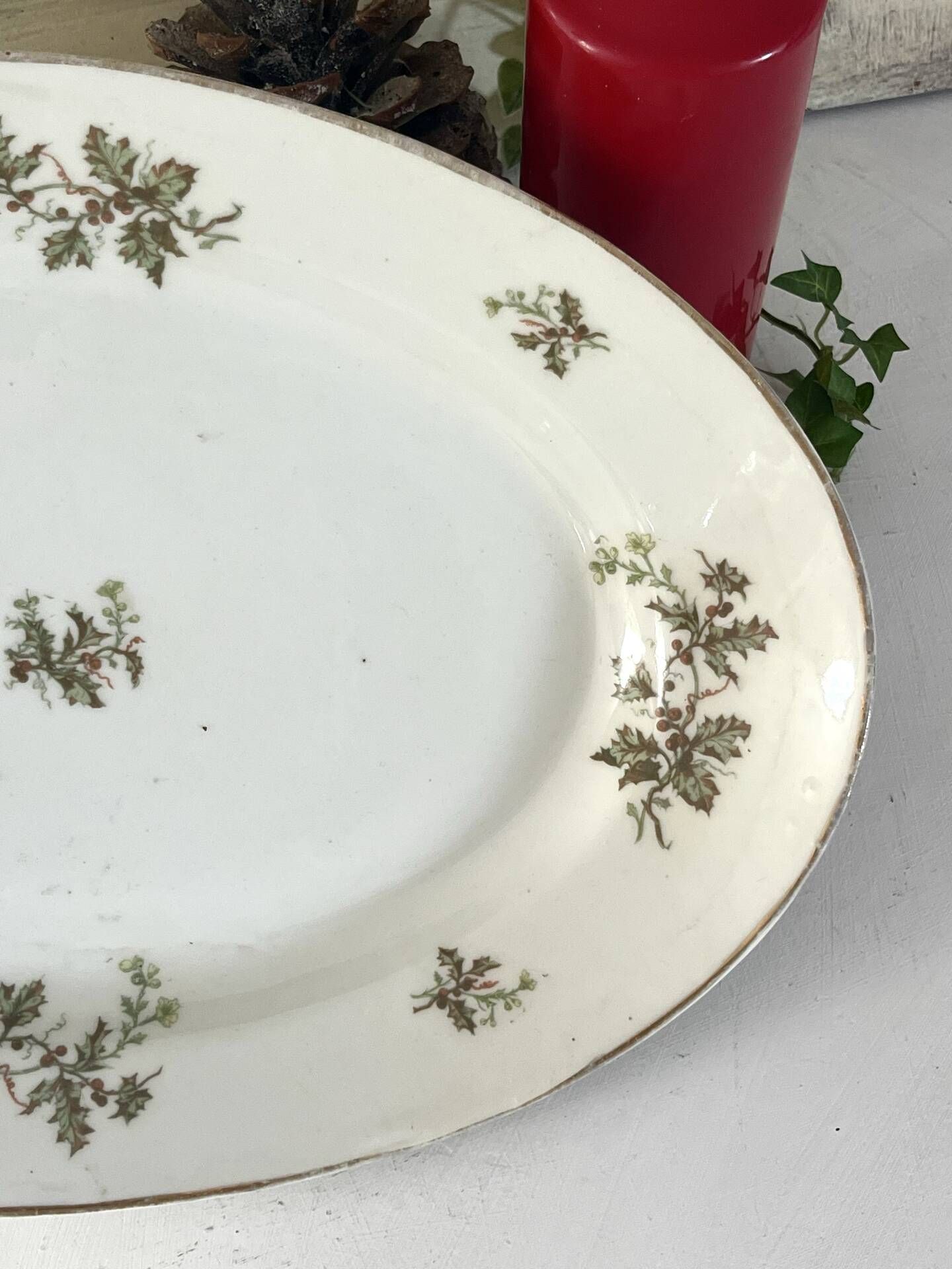Vintage French Holly Deep Platter, Christmas Serving Dish, Large Oval