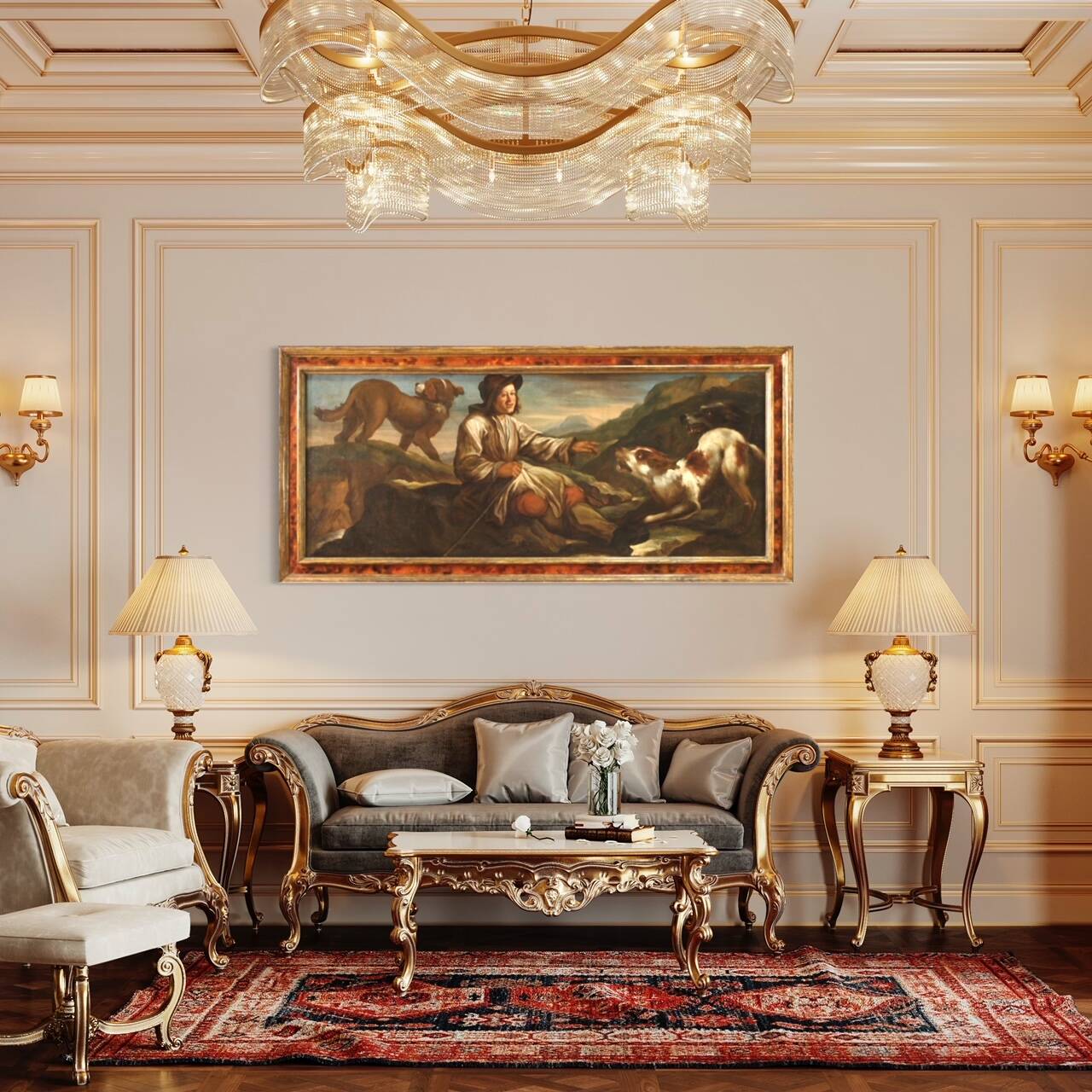 Tableau lombard antique du XVIIe siècle, le berger avec ses chiens