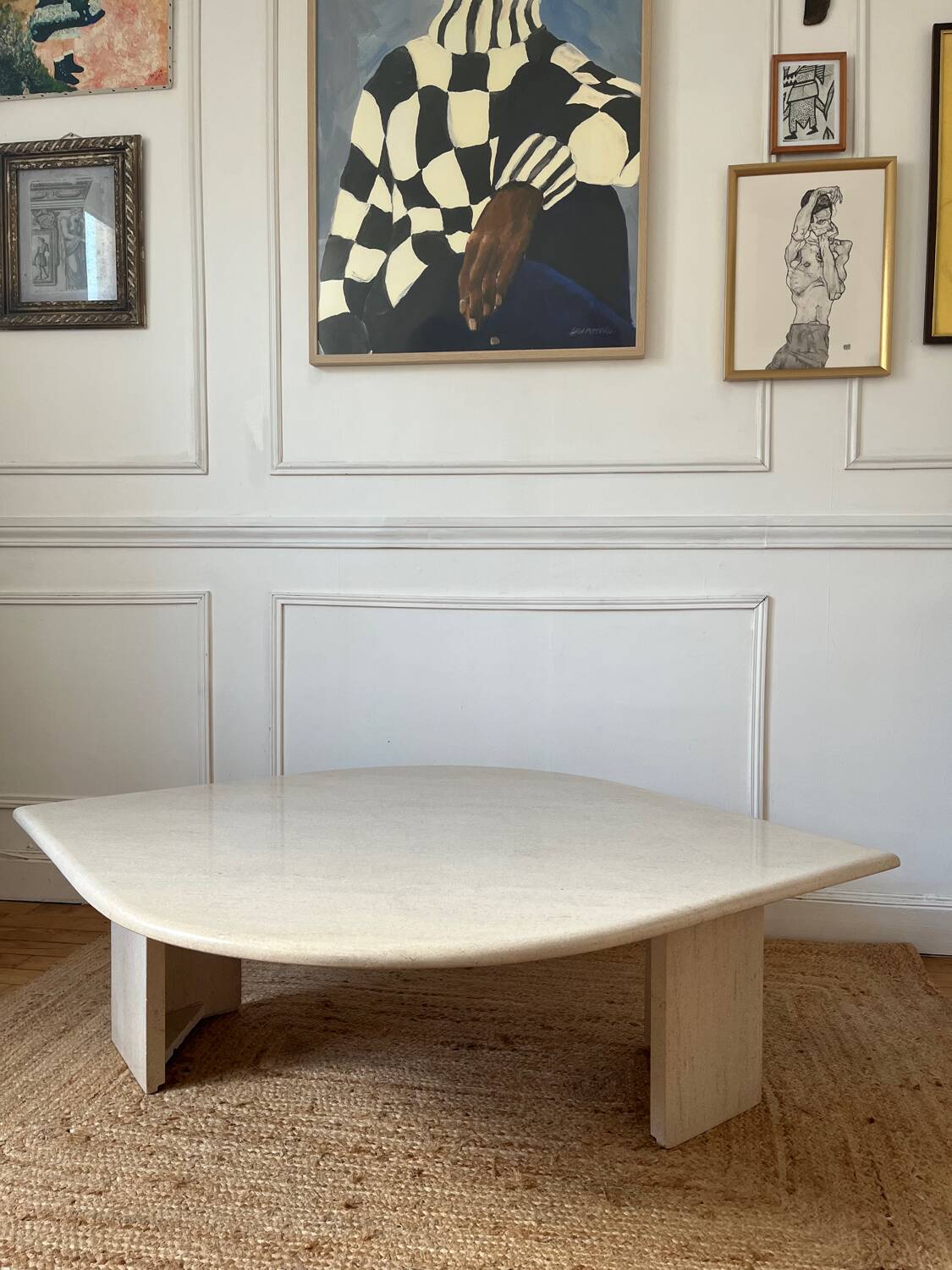 Rochebobois travertine eye-shaped coffee table