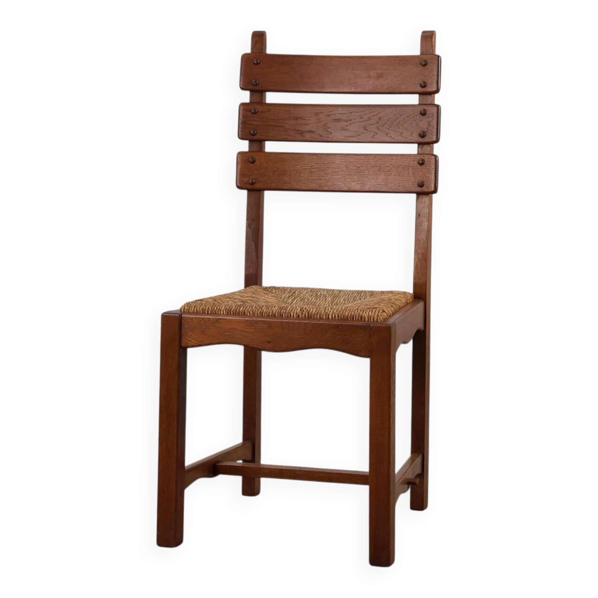 1960s Belgian Mid-Century Chair in Oak and Wicker, Brutalist Style