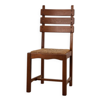 1960s Belgian Mid-Century Chair in Oak and Wicker, Brutalist Style