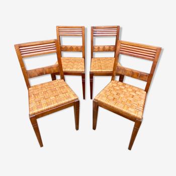 Ensemble de 4 chaises bistrot bois et rotin vintage des années 50