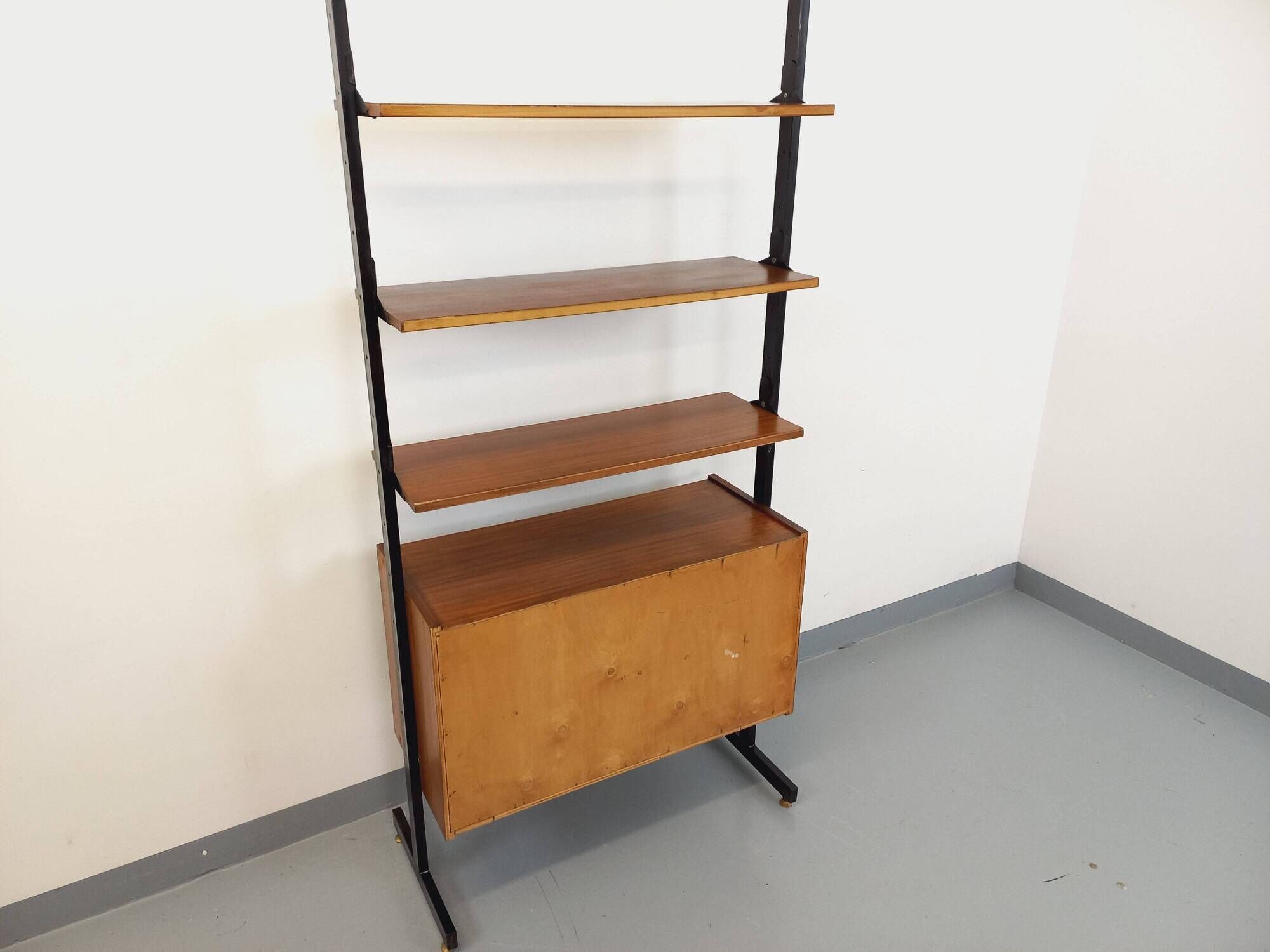 Vintage teak and metal shelf bookcase from the 60s
