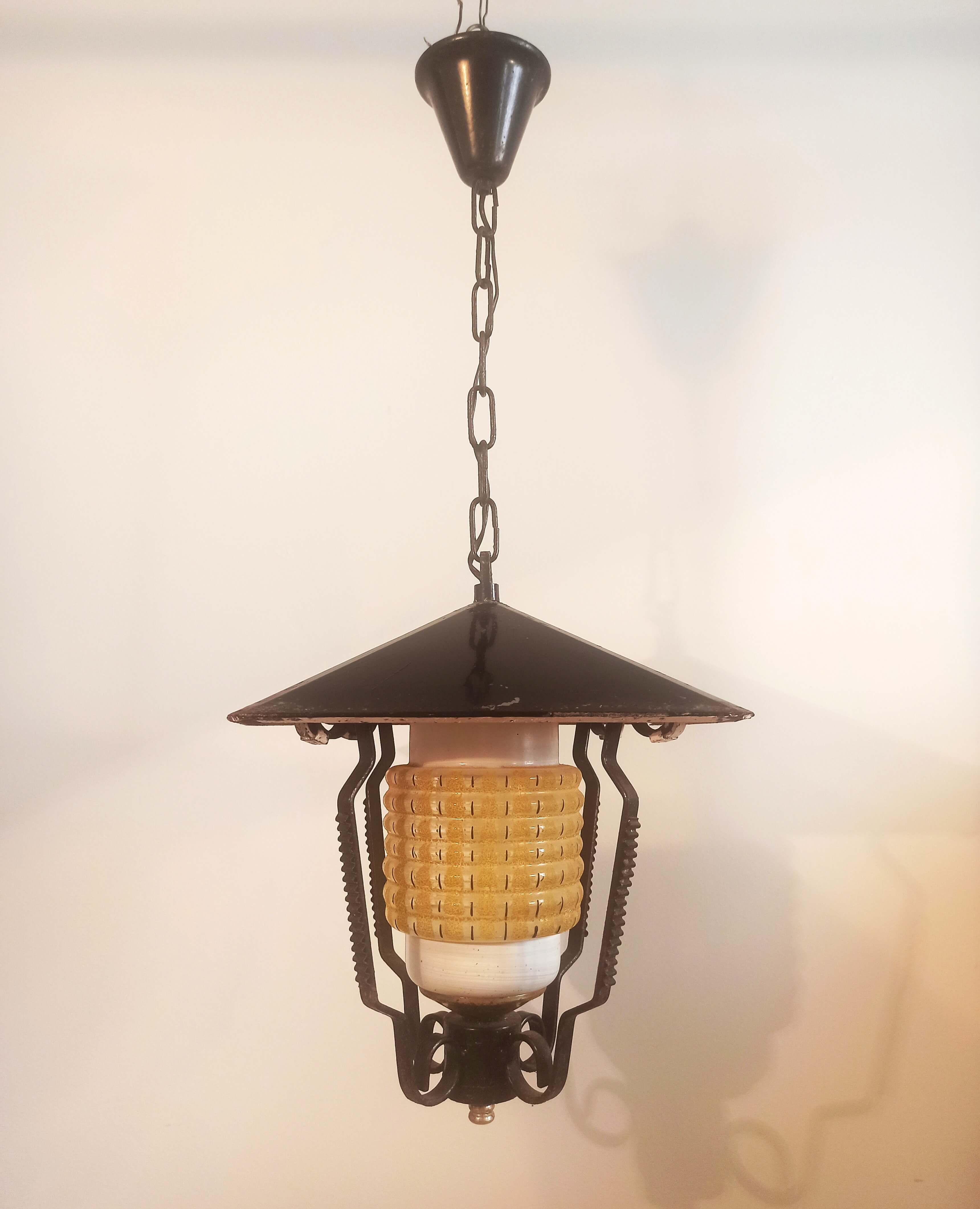 Vintage outdoor pendant light in yellow molded glass and black metal
