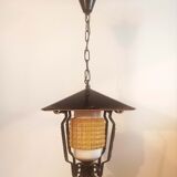 Vintage outdoor pendant light in yellow molded glass and black metal
