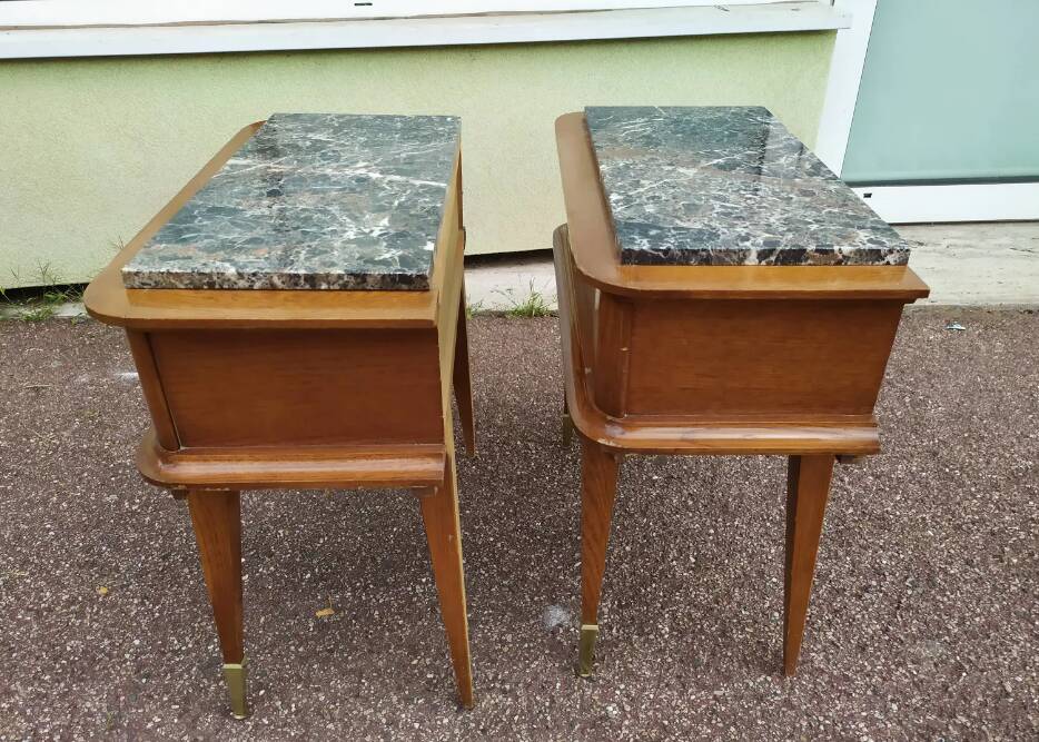 Set of 2 black white marble wood bedside tables with compass legs