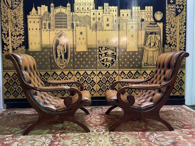 Pair of English Chesterfield leather armchairs