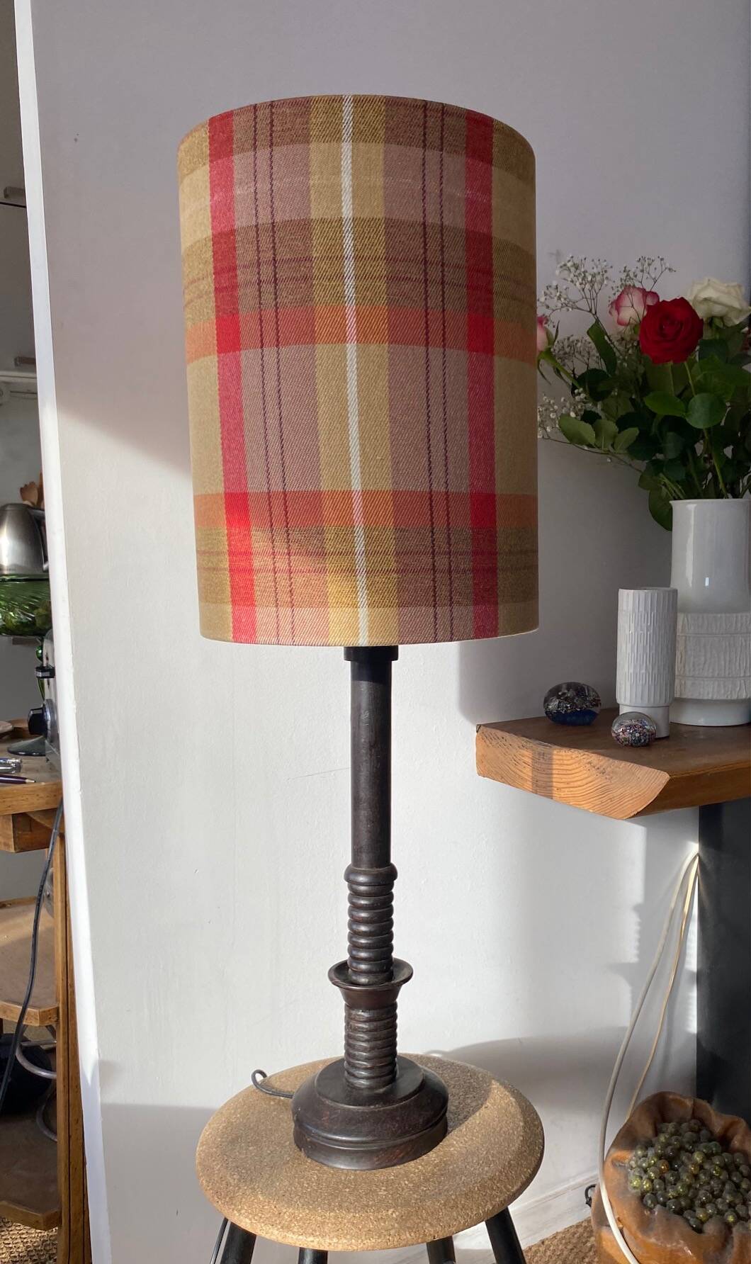 Solid wood lamp with handmade shade, 1940s.
