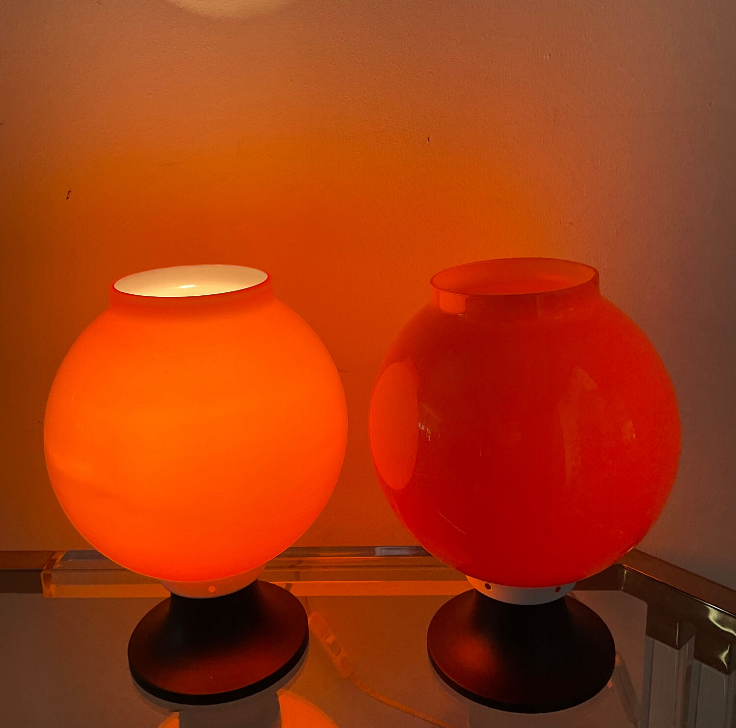 Pair of orange opaline lamps from the 70s