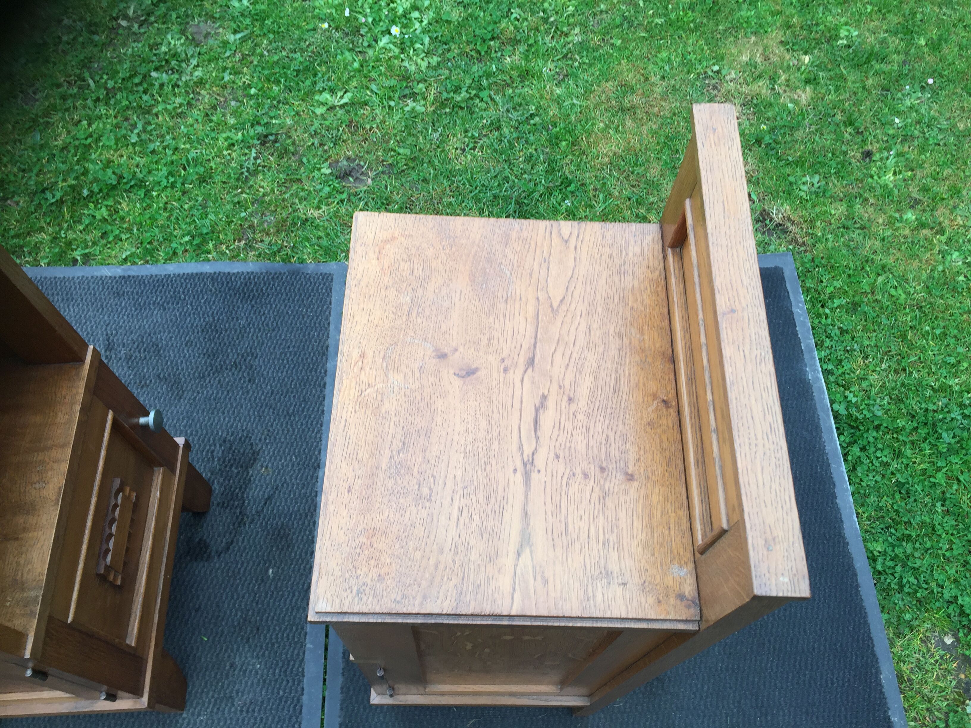 Vintage bedside tables with solid oak compass legs (pair)