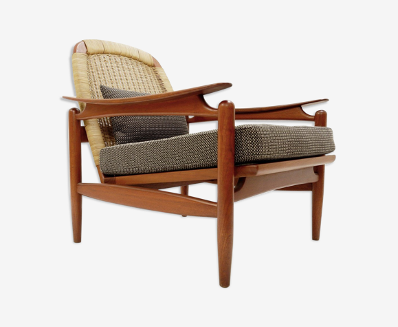 Fauteuil en teck et osier Danemark 1960s