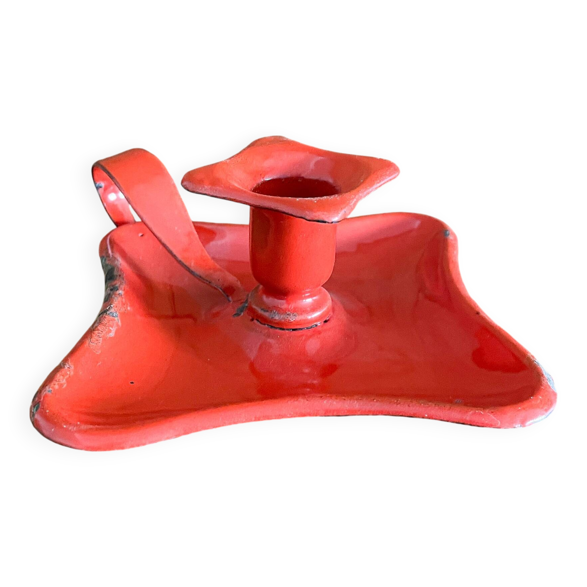 Red enamelled sheet metal candle holder